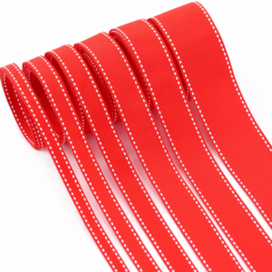 red grosgrain ribbon with white stitching