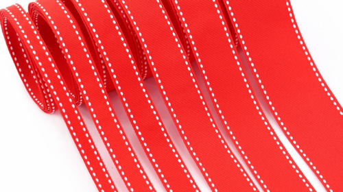 red grosgrain ribbon with white stitching